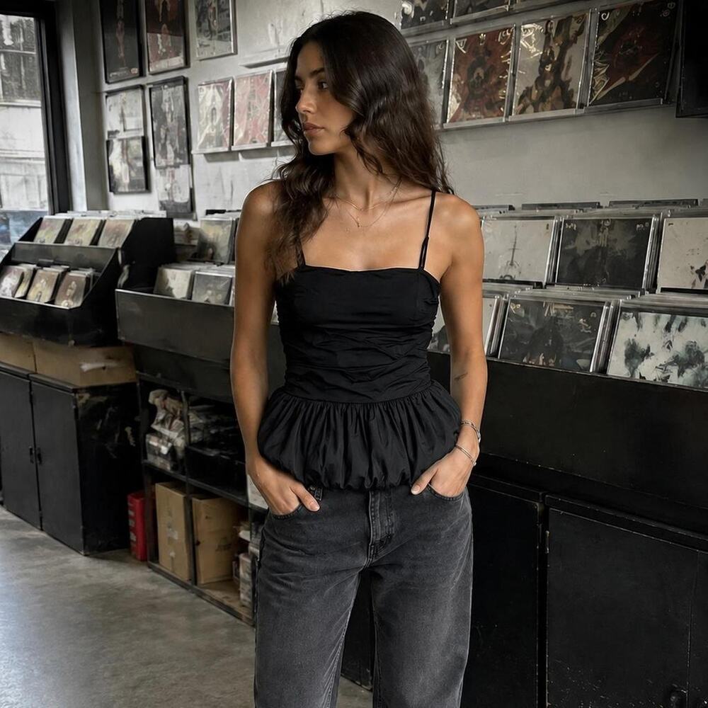 Future Collective Black Ruched Bubble Hem Peplum Cami Top XS